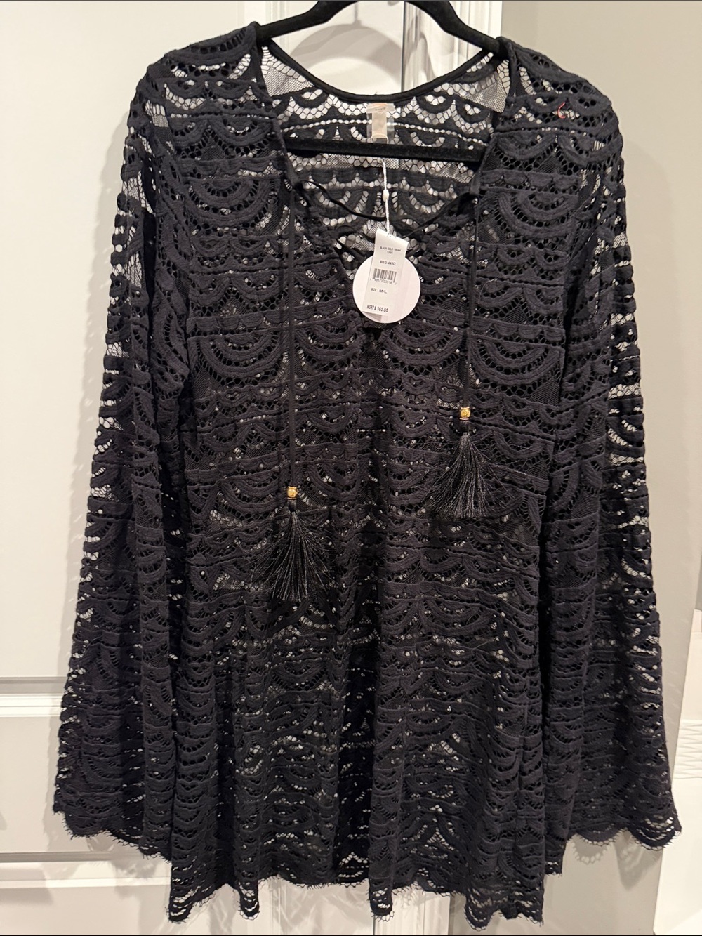 Black Lace Knit Women's Swim Coverup with Tassel Ties